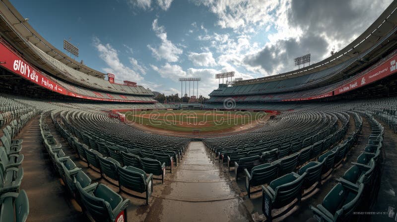 Vue Panoramique d'un Stade de Baseball Vide avec un Ciel Nuageux et une Lumière Naturelle illustration stock