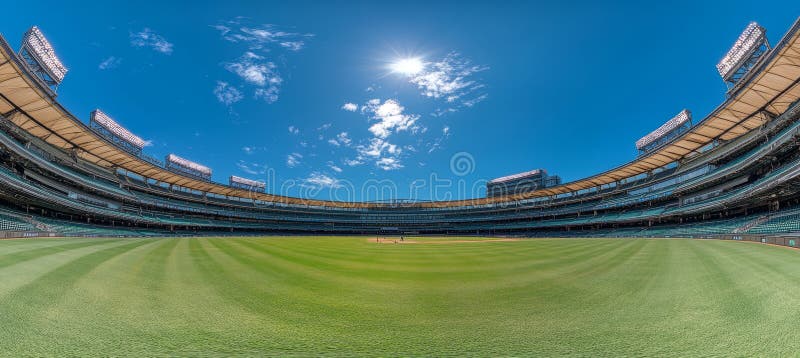 Vue panoramique du stade de baseball vide Lush Green Field Blue Sky et nuages d'été illustration stock