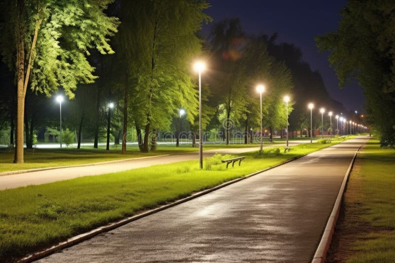 Vue panoramique sur une piste cyclable litup. Une vue panoramique de nuit d'une piste cyclable litup créée avec l'ai générée