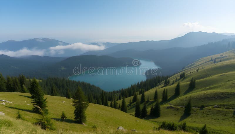 Vue panoramique époustouflante d'un lac de montagne caché entre des prés vallonnés et des forêts de pins denses avec matin doux illustration libre de droits