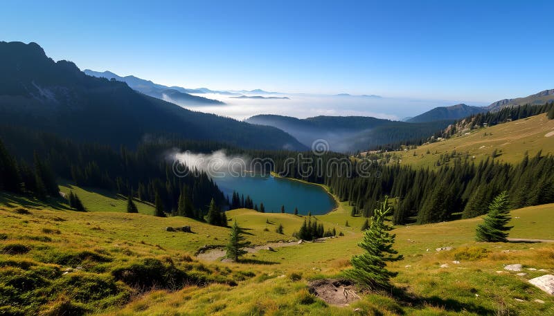 Vue panoramique époustouflante d'un lac de montagne caché entre des prés vallonnés et des forêts de pins denses avec matin doux illustration de vecteur