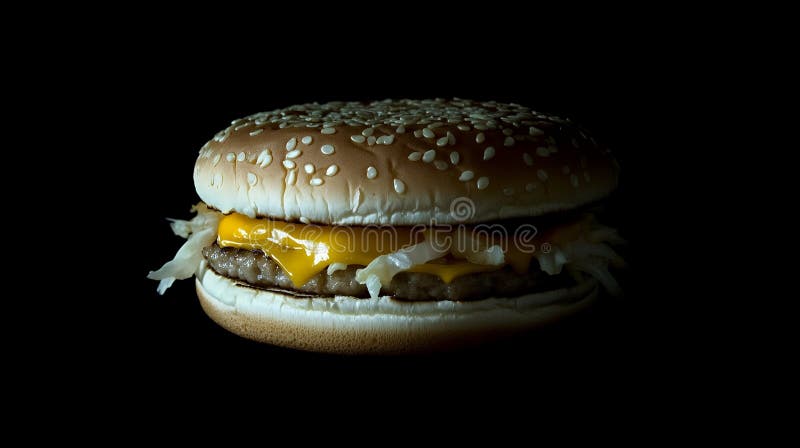 Vue rapprochée d'un cheeseburger avec graines de sésame sur un petit pain sur fond sombre illustration de vecteur