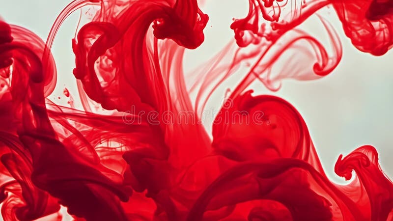 Vue rapprochée de l'encre rouge se mélangeant violemment avec de l'eau formant des motifs chaotiques et imprévisibles. illustration stock