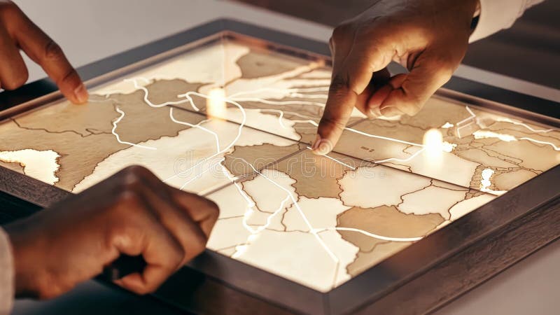 Vue rapprochée des mains manipulant un modèle holographique flottant affichant des distributions de ventes régionales avec 3D illustration de vecteur