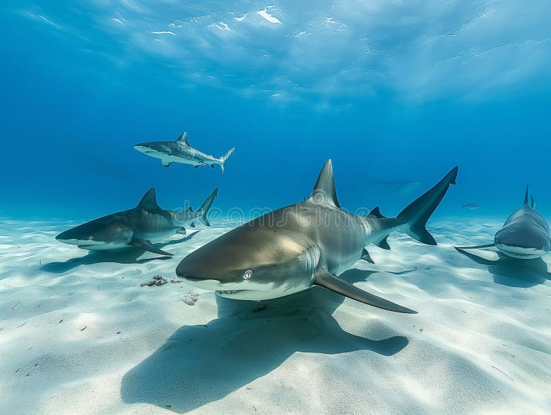 A tranquil underwater scenery featuring a group of reef sharks gracefully swimming over sandy seabed with clear blue water and sunlight above. AI generated. A tranquil underwater scenery featuring a group of reef sharks gracefully swimming over sandy seabed with clear blue water and sunlight above. AI generated