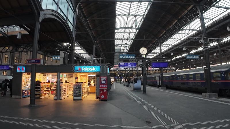 Vue statique de la plate-forme ferroviaire à l'intérieur de la gare SBB de Bâle banque de vidéos
