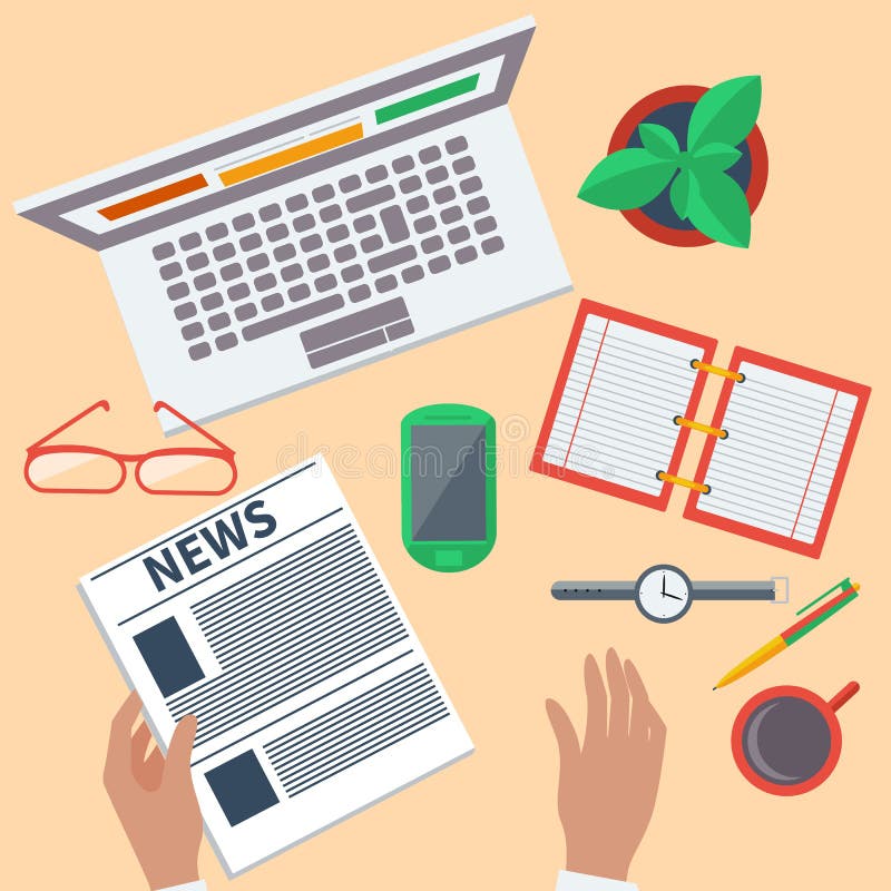 Vue supérieure de lieu de travail avec l'ordinateur portable et les dispositifs illustration libre de droits Vue supérieure de lieu de travail avec l'ordinateur portable et les dispositifs illustration libre de droits