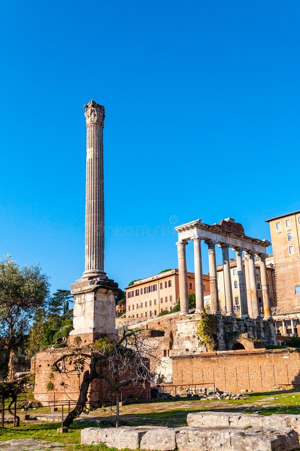 Vue sur la colonne de Phocas et le temple de Saturn qui était un temple romain antique consacré au dieu Saturn dans Roman Forum image stock Vue sur la colonne de Phocas et le temple de Saturn qui était un temple romain antique consacré au dieu Saturn dans Roman Forum image stock