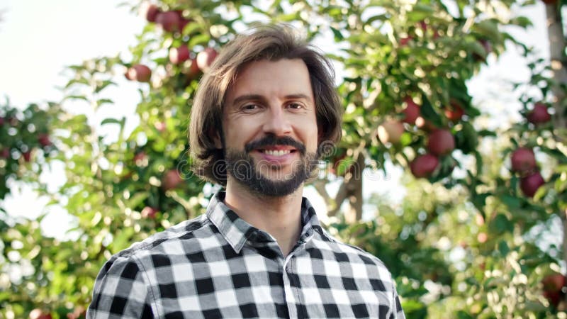 Vue tenue à la main d'agriculteur réussi dans le verger de pommiers banque de vidéos