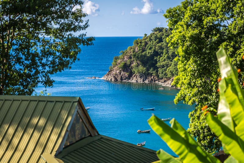Vue tropicale de plage d'un hôtel d'avant de plage au Trinidad e Tobago, Caribe images stock Vue tropicale de plage d'un hôtel d'avant de plage au Trinidad e Tobago, Caribe images stock