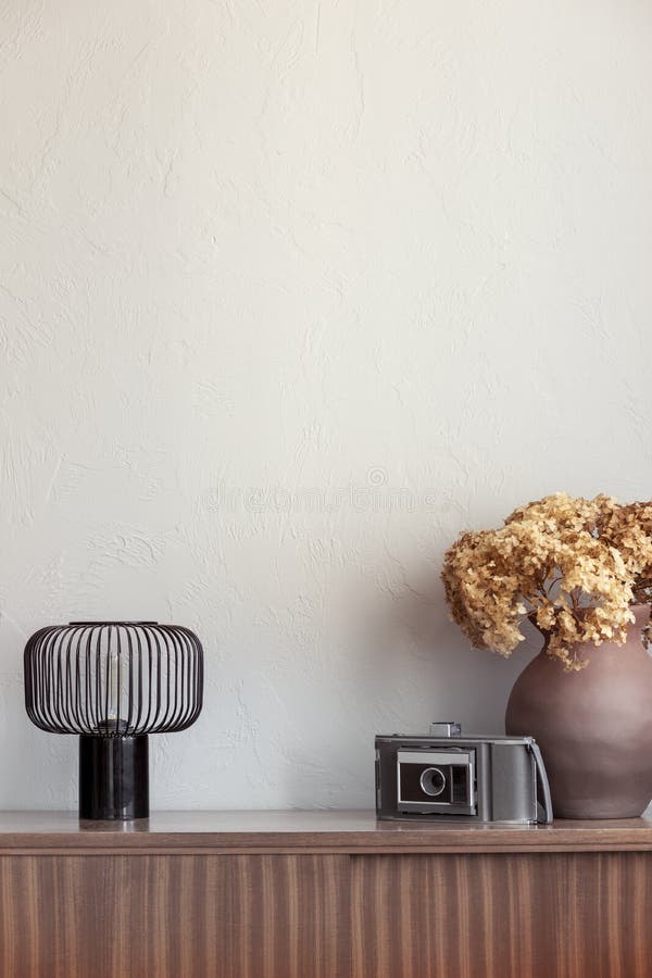 Vue verticale de l'espace photographique sur un mur vide derrière des fleurs sèches dans un vase de poterie brun à côté d'un photographie stock Vue verticale de l'espace photographique sur un mur vide derrière des fleurs sèches dans un vase de poterie brun à côté d'un photographie stock