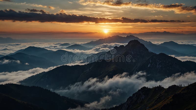 Ai généré. vue à couper le souffle depuis mangart pic à un lever de soleil époustouflant au-dessus des nuages