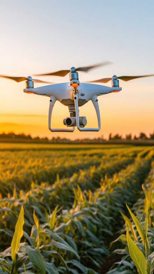 Vuelo de drones sobre el campo de maíz durante la vigilancia de la puesta del sol con tecnología avanzada libre illustration