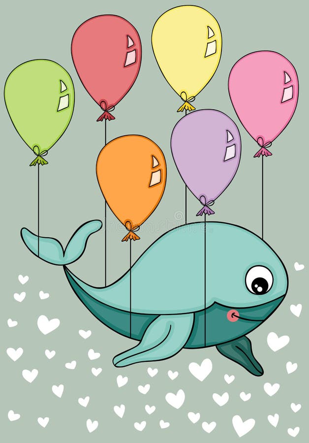 Vuelo de la ballena en fondo del vector de los balones de aire stock de ilustración Vuelo de la ballena en fondo del vector de los balones de aire stock de ilustración