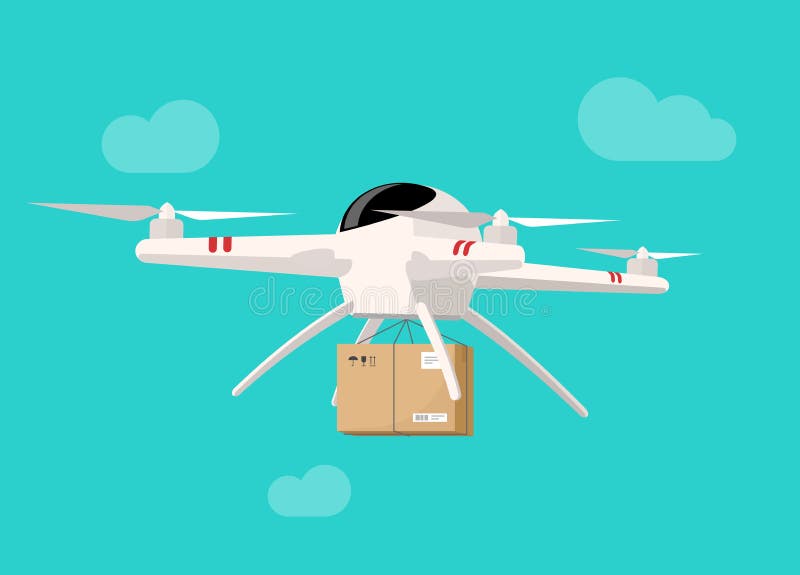 Vuelo del abejón en cielo con el ejemplo del vector de la entrega de la caja del paquete stock de ilustración