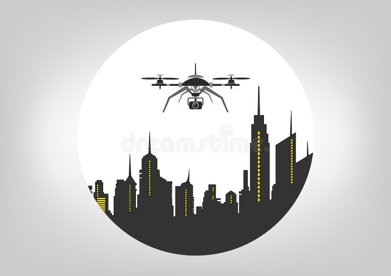 Vuelo del abejón, icono del servicio de la tecnología, cámara de la pizca en la ciudad del horizonte Ilustración libre illustration