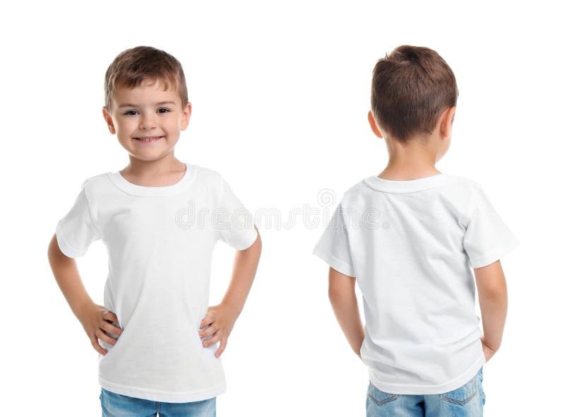 Vues avant et arrières de petit garçon dans le T-shirt vide photo stock Vues avant et arrières de petit garçon dans le T-shirt vide photo stock