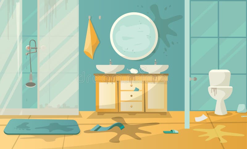 Vuil binnenland van badkamers met de douche van de toiletgootsteen cabbin en toebehoren in een moderne stijl Vlakke beeldverhaali royalty-vrije illustratie Vuil binnenland van badkamers met de douche van de toiletgootsteen cabbin en toebehoren in een moderne stijl Vlakke beeldverhaali royalty-vrije illustratie