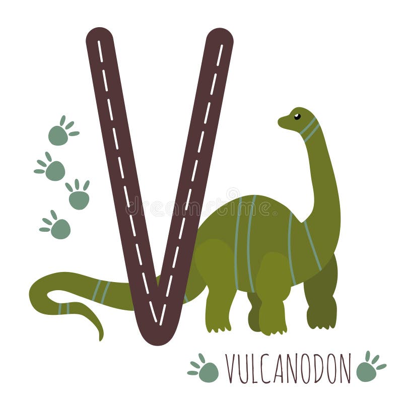 Vulcanodon. Letter V with reptile name. Hand drawn cute dinosaur. Educational prehistoric illustration. Dino alphabet. vector illustration.