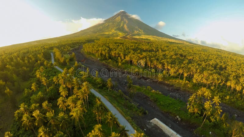 Vulcão de Mayon perto da cidade de Legazpi em Filipinas Vista aérea sobre a selva e a plantação da palma no por do sol Vulcão de imagem de stock Vulcão de Mayon perto da cidade de Legazpi em Filipinas Vista aérea sobre a selva e a plantação da palma no por do sol Vulcão de imagem de stock