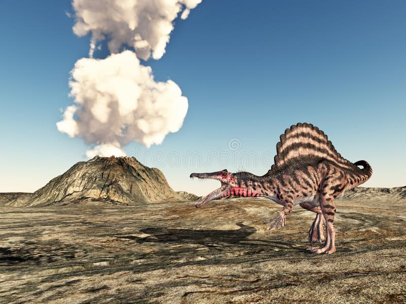 Vulkan och dinosaurien Spinosaurus royaltyfri illustrationer Vulkan och dinosaurien Spinosaurus royaltyfri illustrationer