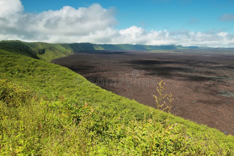Vulkanisch landschap van de grote krater van Siërra negravulkaan in Isabela-eiland stock afbeeldingen Vulkanisch landschap van de grote krater van Siërra negravulkaan in Isabela-eiland stock afbeeldingen