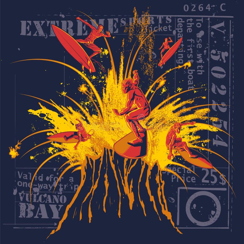 Vulkanisk explosion av surfare på mörk grafisk bakgrund vektor illustrationer Vulkanisk explosion av surfare på mörk grafisk bakgrund vektor illustrationer