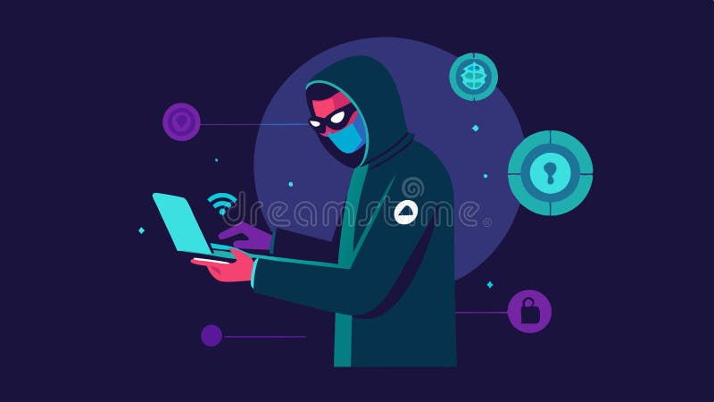 Vulnerability Scanner An ethical hacker using a handheld device that scans a virtual network shown in holographic style royalty free illustration