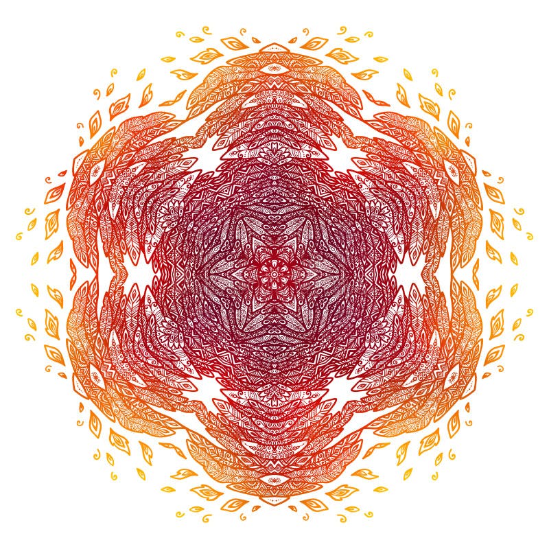 Vurige rode en oranje de veren abstracte mandala van de krabbelstijl