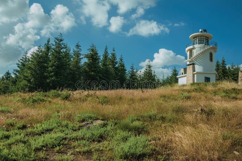 Vuurtoren bovenop heuvel door gras en bomen wordt behandeld die royalty-vrije stock foto's Vuurtoren bovenop heuvel door gras en bomen wordt behandeld die royalty-vrije stock foto's