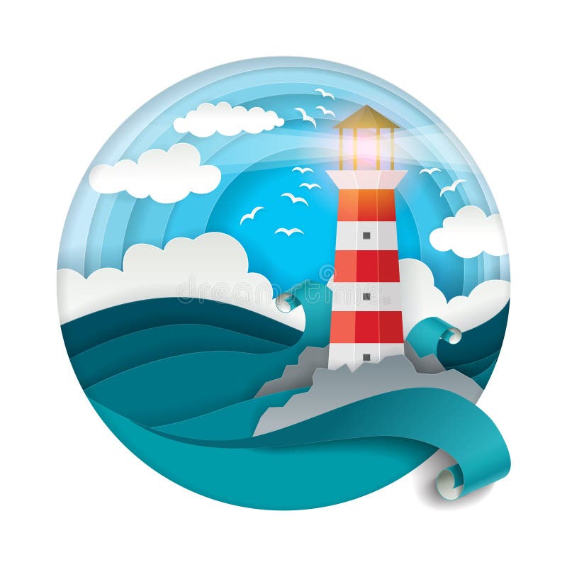 Vuurtoren onder woedende golven vectorillustratie in document kunststijl stock illustratie Vuurtoren onder woedende golven vectorillustratie in document kunststijl stock illustratie
