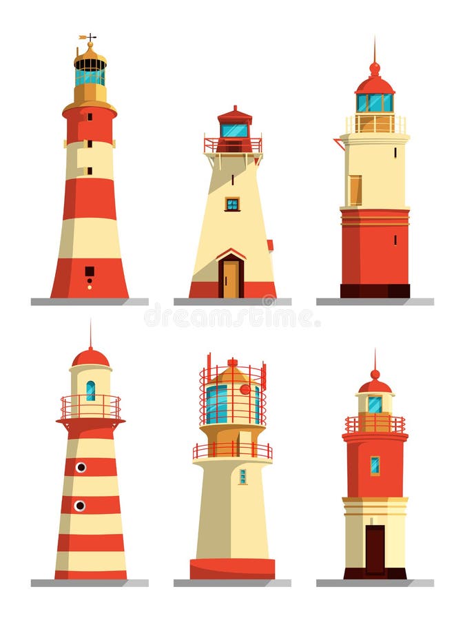 Vuurtorens in verschillende stijlen Vector geplaatste beeldverhaalillustraties royalty-vrije illustratie Vuurtorens in verschillende stijlen Vector geplaatste beeldverhaalillustraties royalty-vrije illustratie