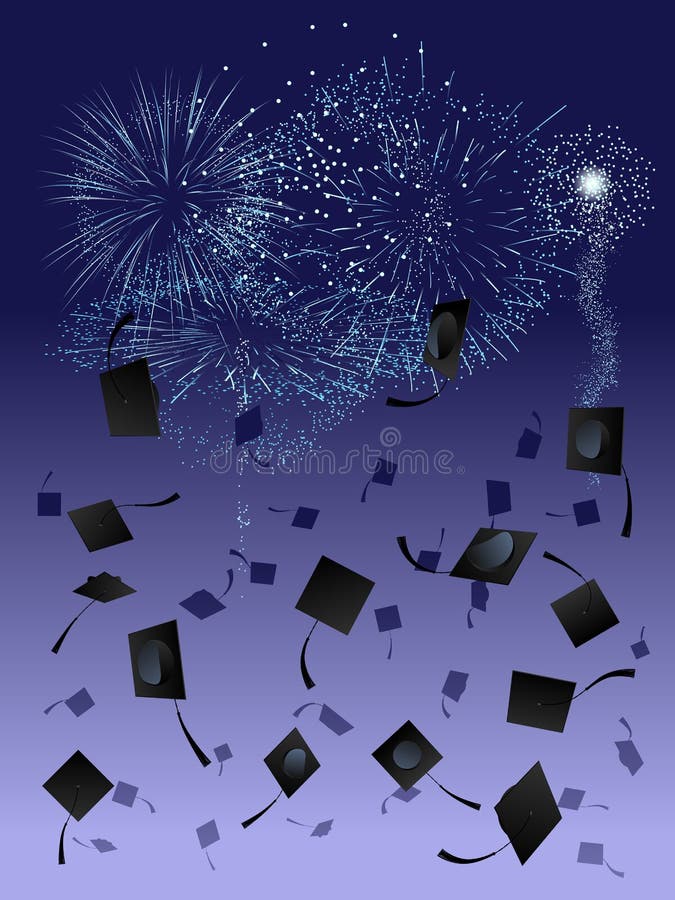 Thrown graduation caps against a fireworks display background. Thrown graduation caps against a fireworks display background