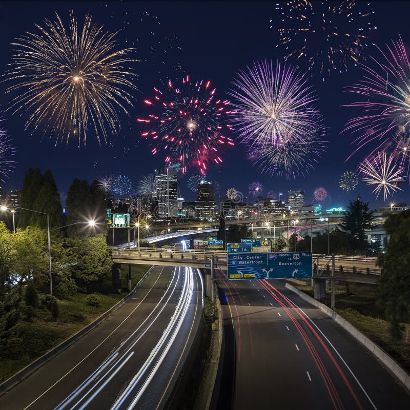 Vuurwerkblootstelling van nachtverkeer in Portland die nieuwe jarenvooravond vieren stock afbeeldingen Vuurwerkblootstelling van nachtverkeer in Portland die nieuwe jarenvooravond vieren stock afbeeldingen