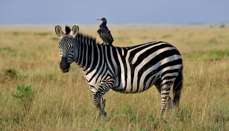 Vuxen Burchells zebra med vårtstare, majestätiska ränder och livlig fjäderbeklädd följeslagare mitt i savannens solnedgång stock illustrationer