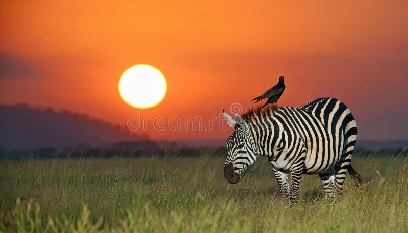 Vuxen Burchells zebra med vårtstare, ett majestätiskt ögonblick i vildmarken på afrikanska savannen vid solnedgången, som visar ra royaltyfri illustrationer