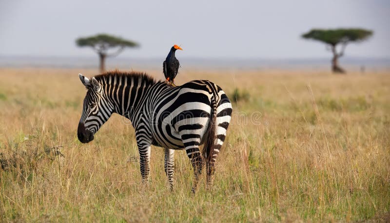 Vuxen Burchells zebra med vårtstare på ryggen, Majestätisk Equus burchelli på fridfull savann, Masai Mara vid vektor illustrationer