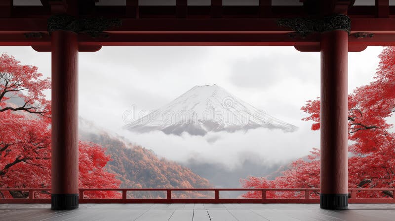 Vy över det stora Fuji-berget mot bakgrund av blommande mimosa-träd och gamla pagoda-kolonner royaltyfri illustrationer