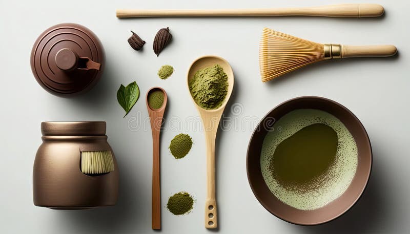 Vy över matcha-pulvergrönt te i tarmspets bambu, där traditionell dryckesplåtsprocess används för att framställa tändsticksdrycker stock illustrationer