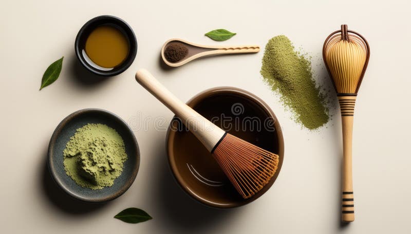 Vy över matcha-pulvergrönt te i tarmspets bambu, där traditionell dryckesplåtsprocess används för att framställa tändsticksdrycker stock illustrationer