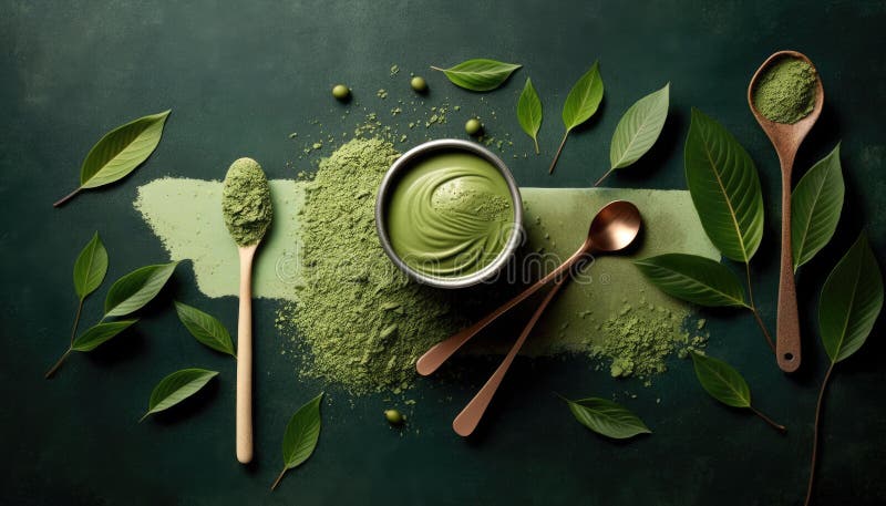 Vy över matcha-pulvergrönt te i tarmspets bambu, där traditionell dryckesplåtsprocess används för att framställa tändsticksdrycker royaltyfri illustrationer