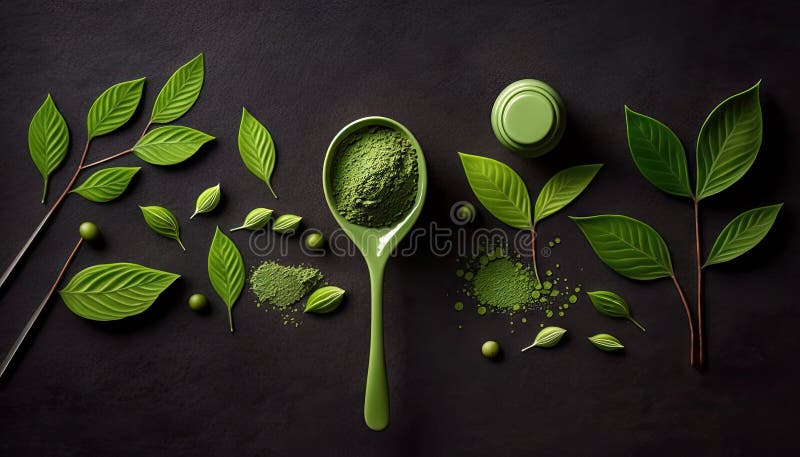 Vy över matcha-pulvergrönt te i tarmspets bambu, där traditionell dryckesplåtsprocess används för att framställa tändsticksdrycker vektor illustrationer