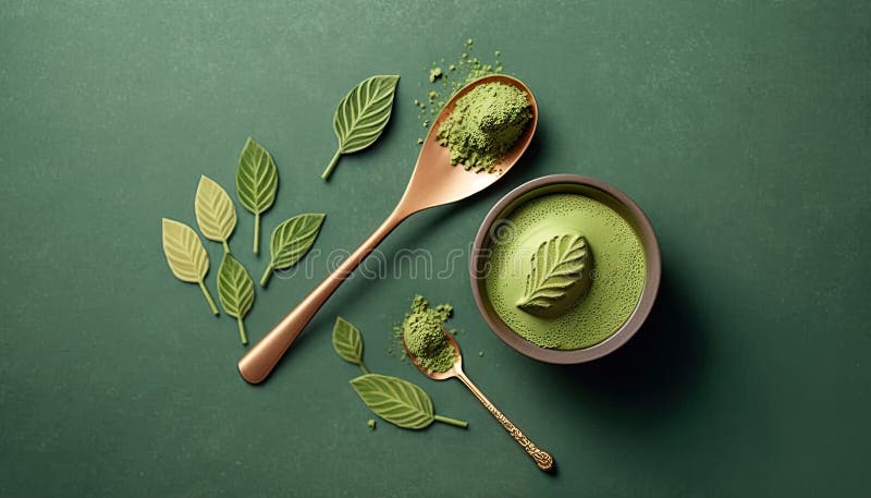 Vy över matcha-pulvergrönt te i tarmspets bambu, där traditionell dryckesplåtsprocess används för att framställa tändsticksdrycker vektor illustrationer