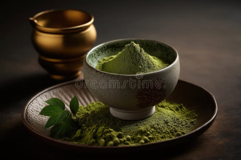Vy över matcha-pulvergrönt te i tarmspets bambu, där traditionell dryckesplåtsprocess används för att framställa tändsticksdrycker stock illustrationer