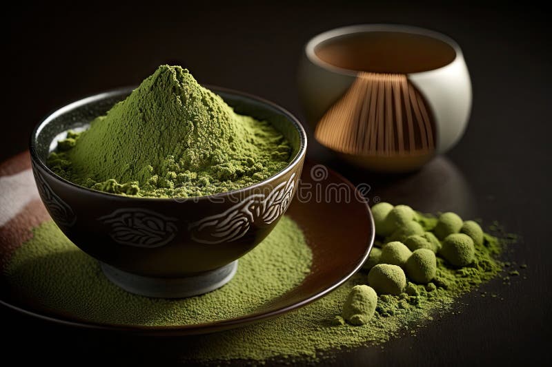 Vy över matcha-pulvergrönt te i tarmspets bambu, där traditionell dryckesplåtsprocess används för att framställa tändsticksdrycker royaltyfri illustrationer