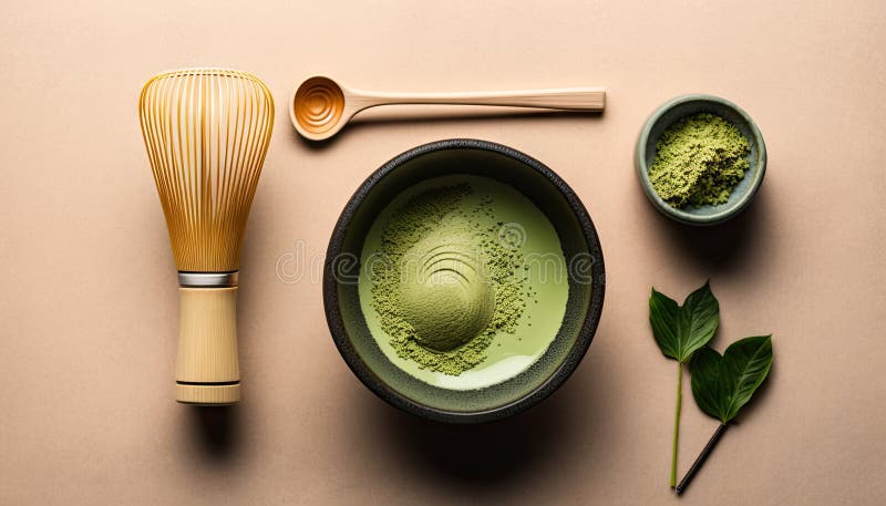 Vy över matcha-pulvergrönt te i tarmspets bambu, där traditionell dryckesplåtsprocess används för att framställa tändsticksdrycker stock illustrationer