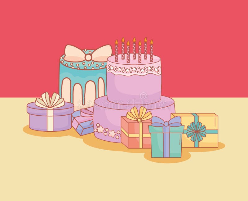 Happy birthday postcard with cake and gifts vector illustration design. Happy birthday postcard with cake and gifts vector illustration design