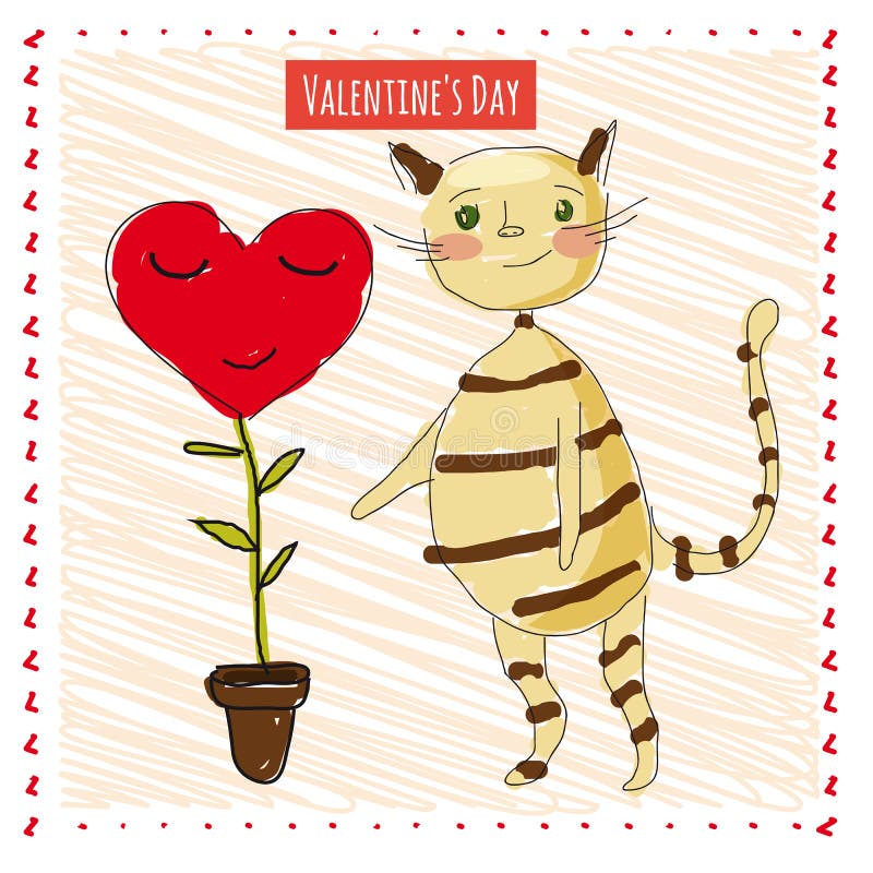 Postcard with a funny and cute cat with flower Valentine`s Day, the original design, illustration. Postcard with a funny and cute cat with flower Valentine`s Day, the original design, illustration
