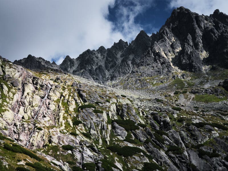 Vysoke Tatry High Tatras rocky mountains and waterfall in summer, Slovakia, Europe