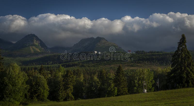 Vysoke Tatry mountains in summer cloudy morning near Strbske Pleso village